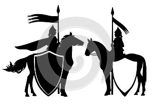 Medieval hero knight riding horse with heraldic shield black vector design