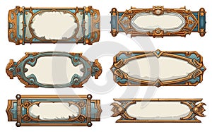 Medieval style game banners. Gems and gold ornat ornamented empty frames isolated, decorative medallion borders photo