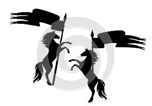 Medieval style rearing up horse with spear and banner black vector silhouette