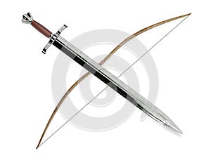 Medieval sword crossed longbow 3d rendering