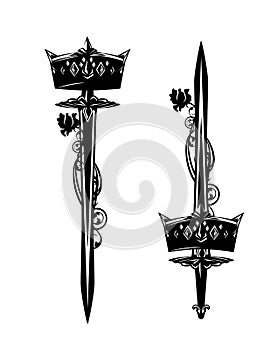 Medieval sword, royal crown and rose flower black and white vector design set