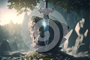 Medieval sword on stone in the forest. 3d rendering.