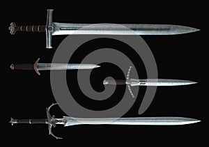 The medieval swords isolated on black background 3d illustration