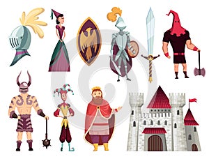 Medieval tales characters flat set with archer blacksmith king queen horn bishop warrior knight castle vector