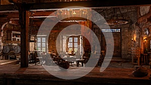 Medieval tavern bar interior lit by candles and daylight through windows. 3D rendering