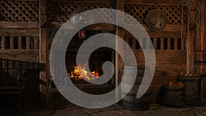 Medieval tavern interior with cooking pot on an open fire, large barrel and sacks of potatoes. 3D illustration