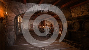 Medieval tavern interior with stone walls, wooden floor, tables with food and drink, barrels of wine or ale. 3D rendering