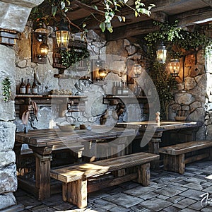 Medieval themed tavern with stone walls and heavy wooden tables3D render