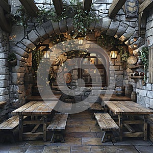 Medieval themed tavern with stone walls and heavy wooden tables3D render