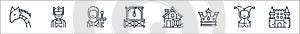 Medieval times line icons. linear set. quality vector line set such as castle, jester, crown, medieval house, gallows, crusader,