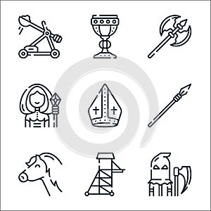 Medieval times line icons. linear set. quality vector line set such as executioner, tower, horse, lance, bishop, witch, ax, holy