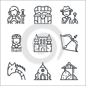 Medieval times line icons. linear set. quality vector line set such as haystack, church, dragon, arrows, castle, queen, bard,