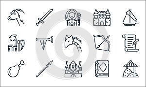 Medieval times line icons. linear set. quality vector line set such as haystack, palace, chicken leg, old, lance, executioner,