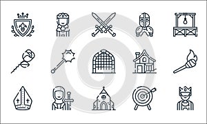 Medieval times line icons. linear set. quality vector line set such as king, church, bishop, dartboard, crusader, rose, medieval