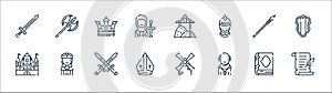 Medieval times line icons. linear set. quality vector line set such as parchment, friar, bishop, palace, lance, crown, haystack,