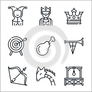 medieval times line icons. linear set. quality vector line set such as gallows, dragon, arrows, buisine, chicken leg, dartboard,