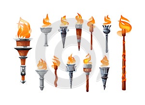 Medieval realistic torch with burning fire set. photo