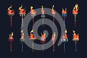 Medieval torch. Sprite animation frame set with burning fire elements, ancient stick with fireflame for game asset photo