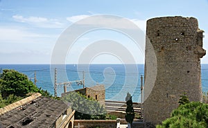 Medieval tower in the architectural ensemble of the Guell cellars in El Garraf, Barcelona