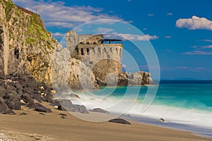 Medieval tower on the coast of Maiori town, Amalfi coast, Campania region, Italy