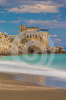 Medieval tower on the coast of Maiori town, Amalfi coast, Campania region, Italy