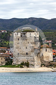 Medieval tower and panorama to Ouranopoli, Athos, Chalkidiki, Greece