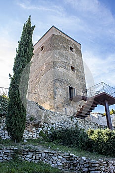 Medieval tower in the town of Almudaina in Alicante mountains