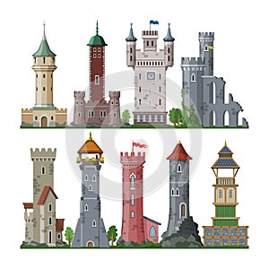 Medieval tower vector cartoon castle fairytale of fantasy palace building in kingdom fairyland illustration set of