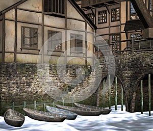 Medieval town with boats