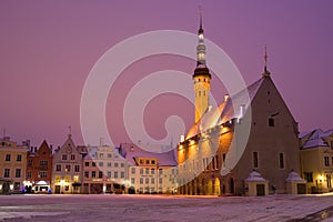 Medieval Town Hall in the central square in the early March morning. Tallinn, Estonia