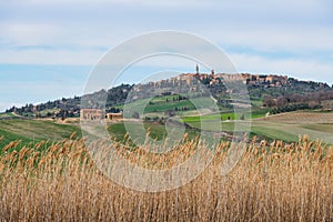 Medieval town of Pienza in Tuscany Italy. In a typical landscape