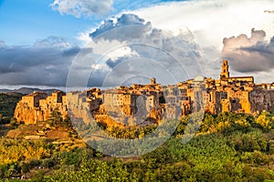 Medieval town of Pitigliano at sunset, Tuscany, Italy