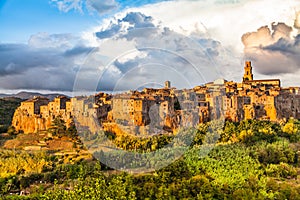 Medieval town of Pitigliano at sunset, Tuscany, Italy