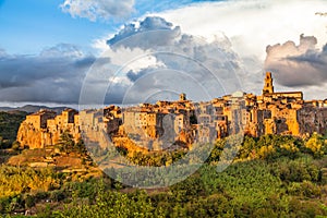 Medieval town of Pitigliano at sunset, Tuscany, Italy