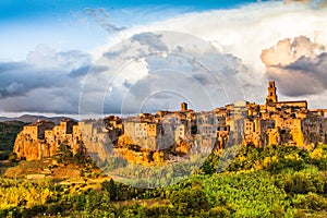 Medieval town of Pitigliano at sunset, Tuscany, Italy