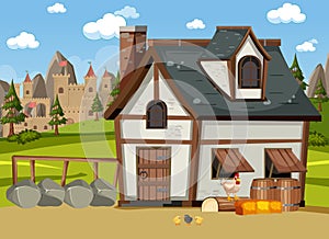 Medieval town scene with old barn