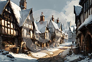 medieval town street in winter with ancient houses covered in snow