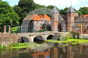 Medieval town wall Koppelpoort and the Eem river in Amersfoort, Netherlands