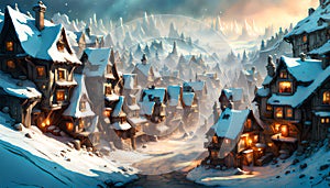 medieval town in winter at night with ancient timber framed buildings covered in snow