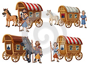 Medieval travelers and carriages photo