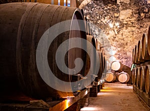 Medieval underground wine cellars with old red wine barrels for aging of vino nobile di Montepulciano in old town Montepulciano in