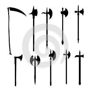 Battleaxe dark silhouette isolated on white background.