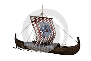 Medieval Viking wooden long boat saling ship. 3D illustration isolated on white background photo