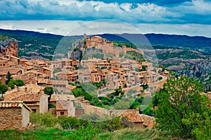 Medieval village Alquezar and mountains landscape. Aragon, Spain