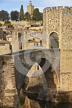 Medieval village of Besalu. Stone bridge. Garrotxa. Girona, Catalonia. Spain