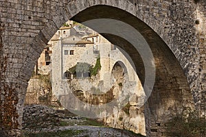 Medieval village of Besalu. Stone bridge. Garrotxa. Girona, Catalonia. Spain