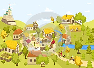 Medieval village with castle, half timbered houses and people on market square, vector illustration