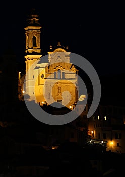 The church of St. John the Baptist at night.the medieval village of Cervo (San Bartolomeo al Mare) Imperia-Italy