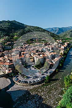Medieval village of Dolceacqua, city and river landscape, old houses during daytime, Italy
