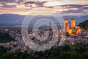 Medieval village of Pacentro in Abruzzo. Italy. Panoramic view at dusk with striking illumination